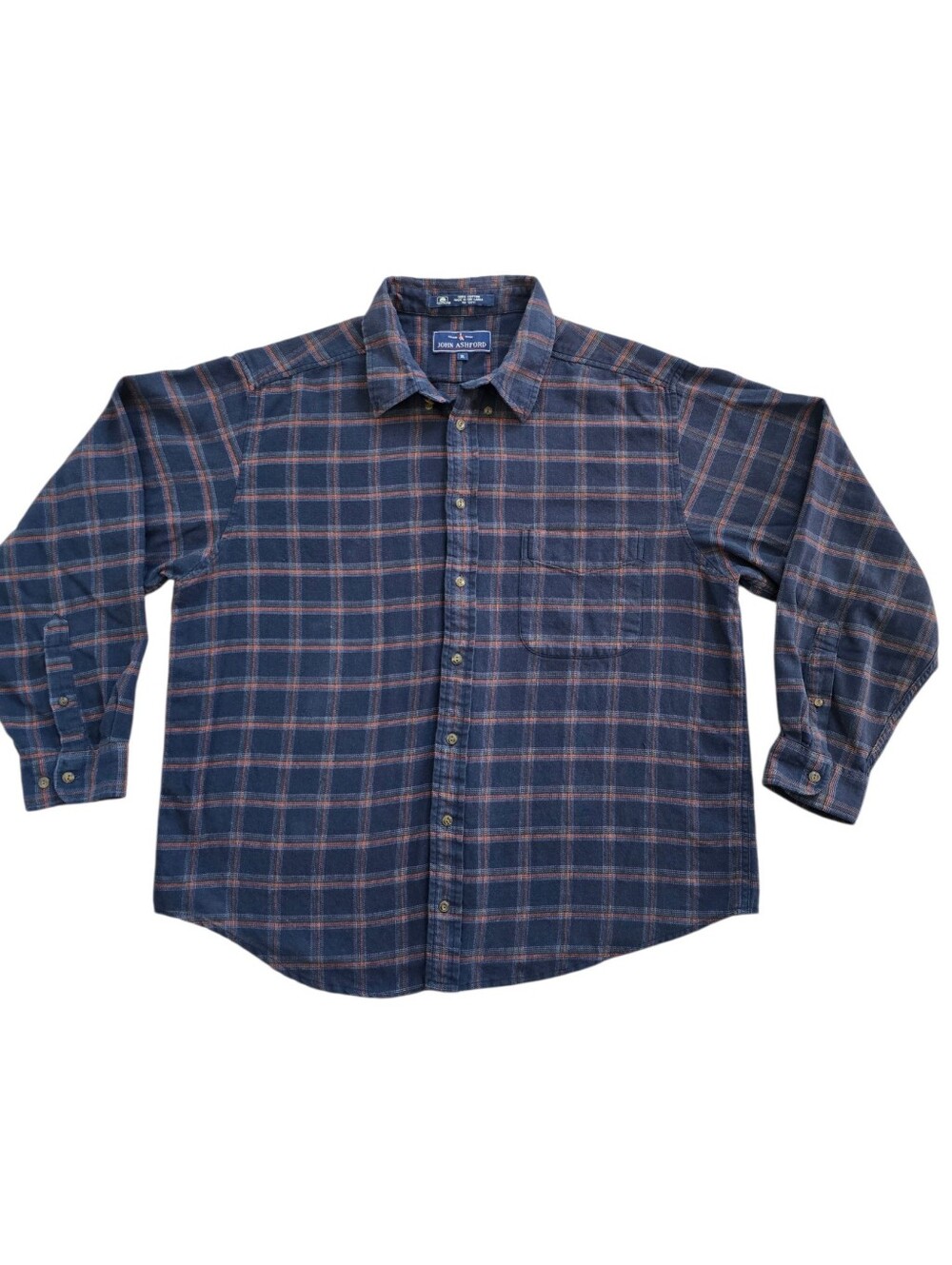 John Ashford Men's Blue & Orange Plaid 100% Cotton Button-Down, Size XL